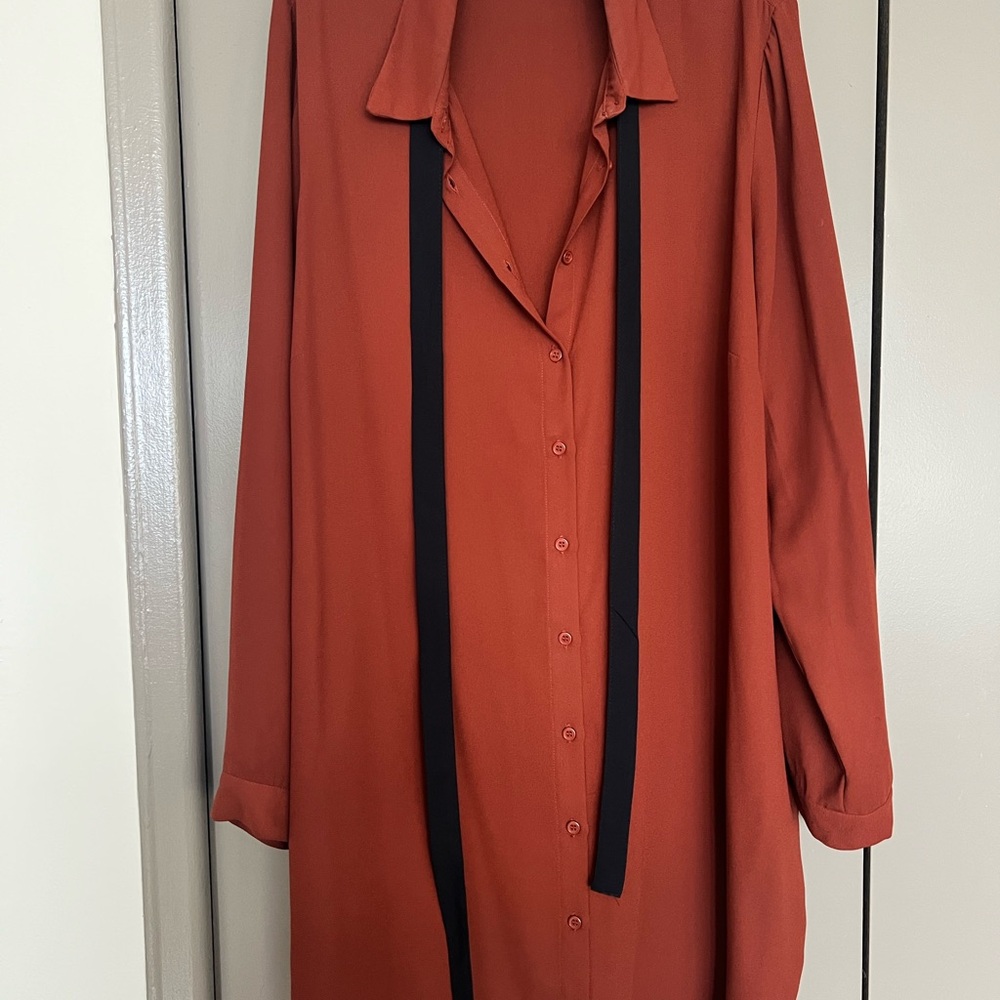 Rust Orange Button-Front Shirt Dress with Black Neck Ties
